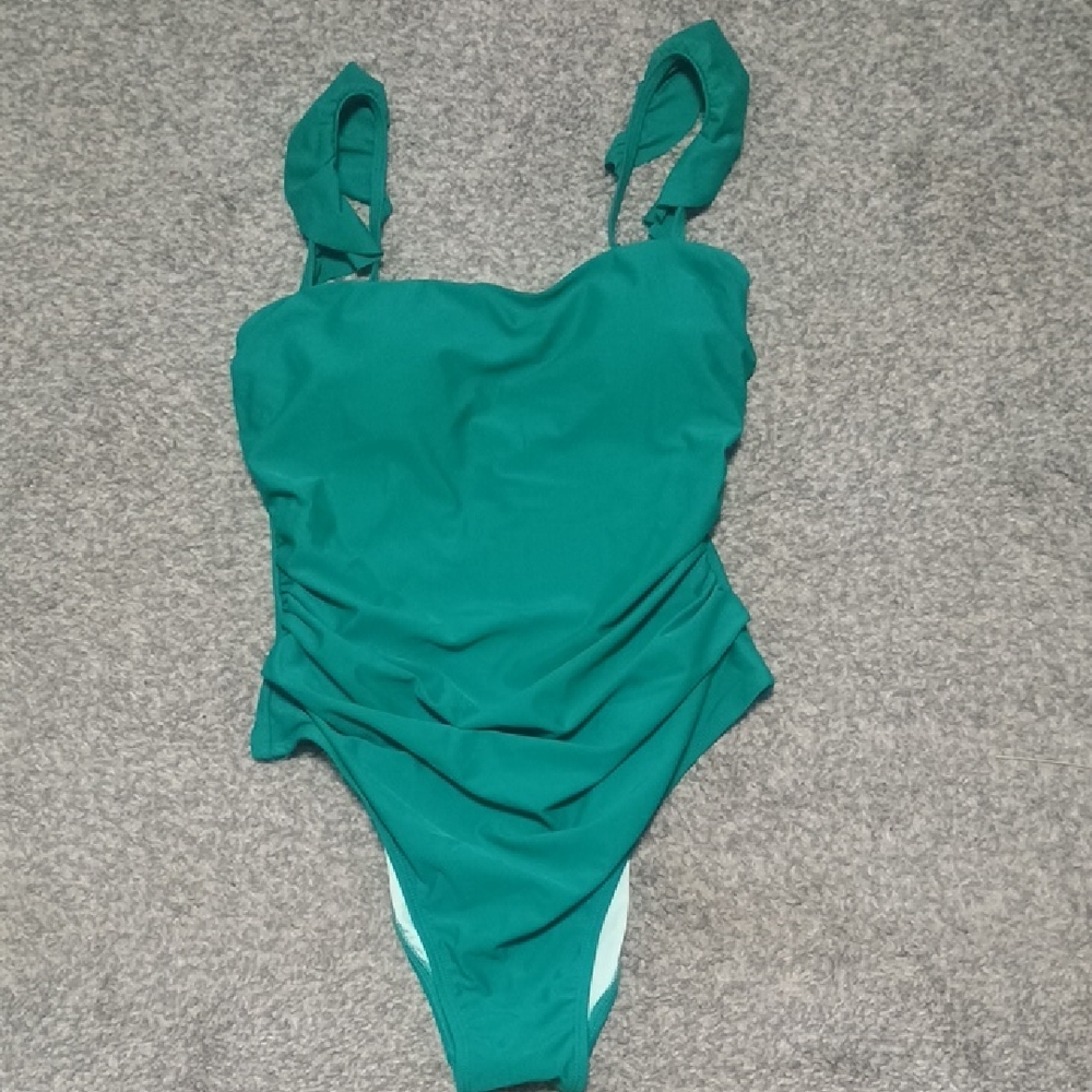 Ruffle Shoulder Ruched Stomach Green One Piece Swimsuit